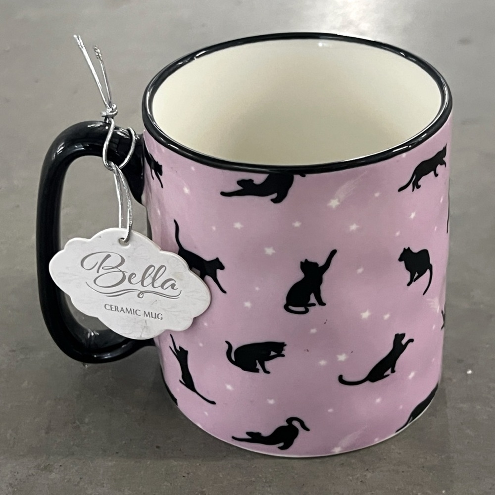 Strawberry Street “Bella” Pink Cat mug with Black Cats